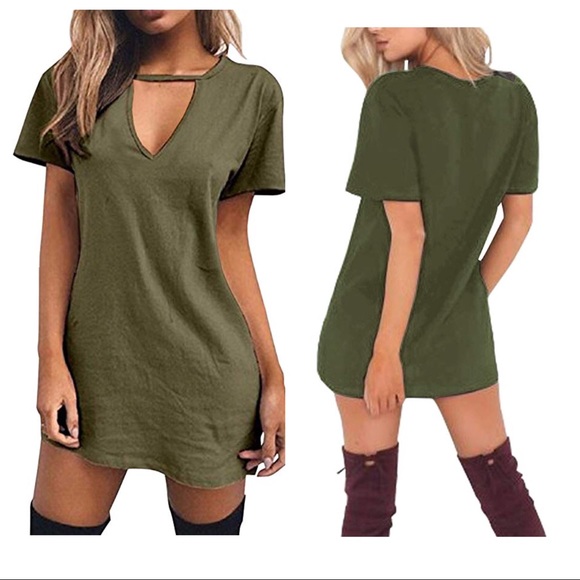 NWT•L-1X•Olive Choker V-Neck Soft Mini Dress/Tee•NEW - Picture 1 of 13